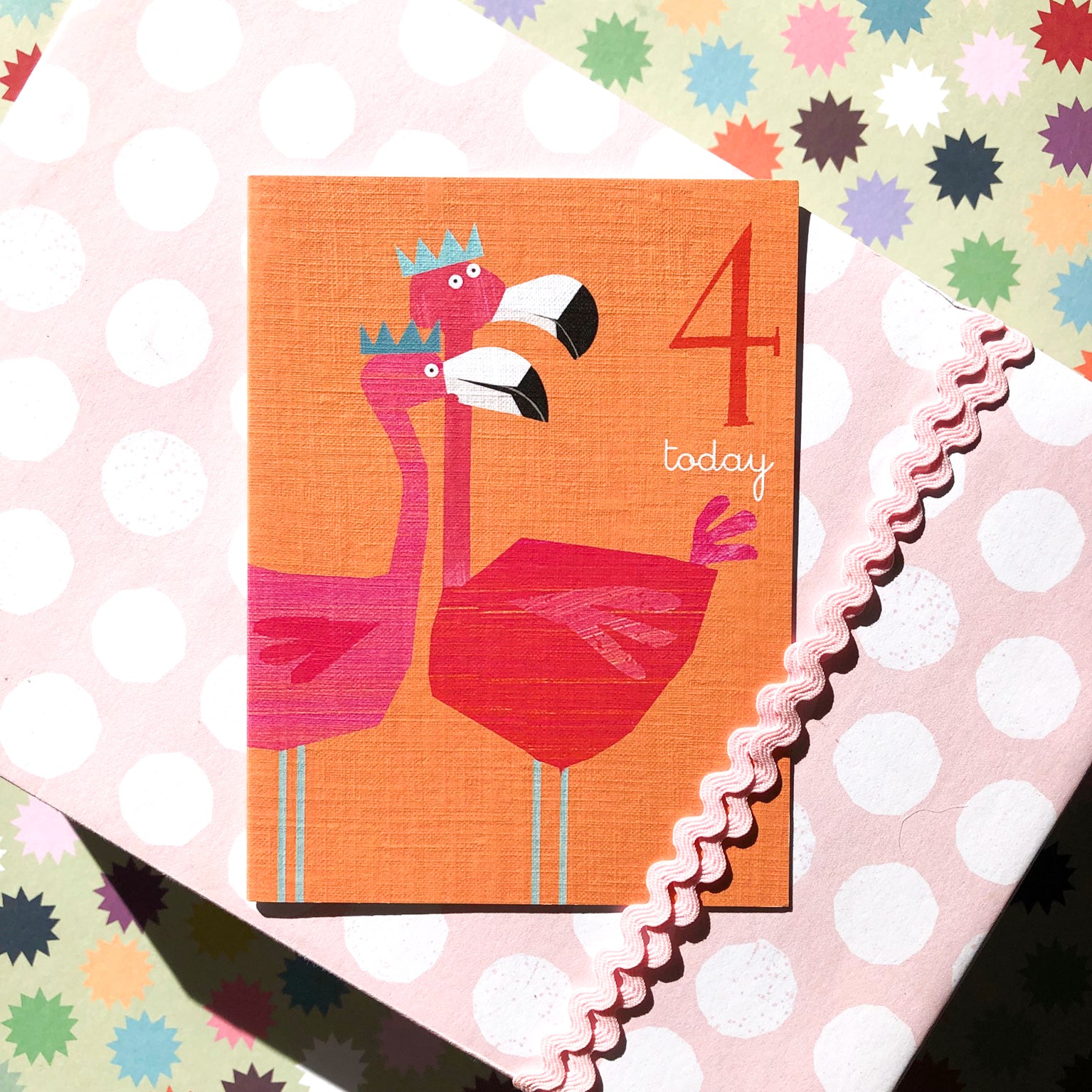 mini flamingos 4th birthday card