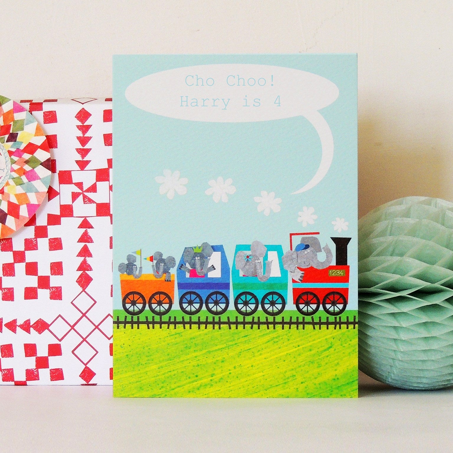 personalised elephant train card