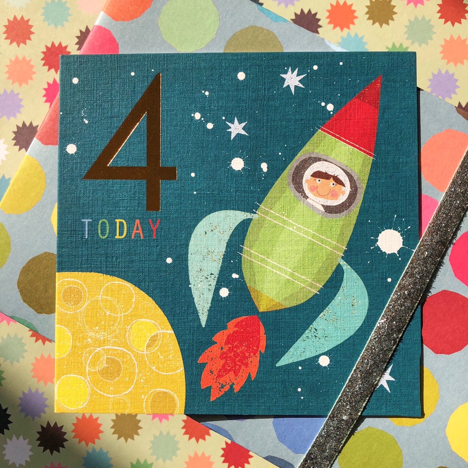 CP04 copper foiled rocket 4th birthday card