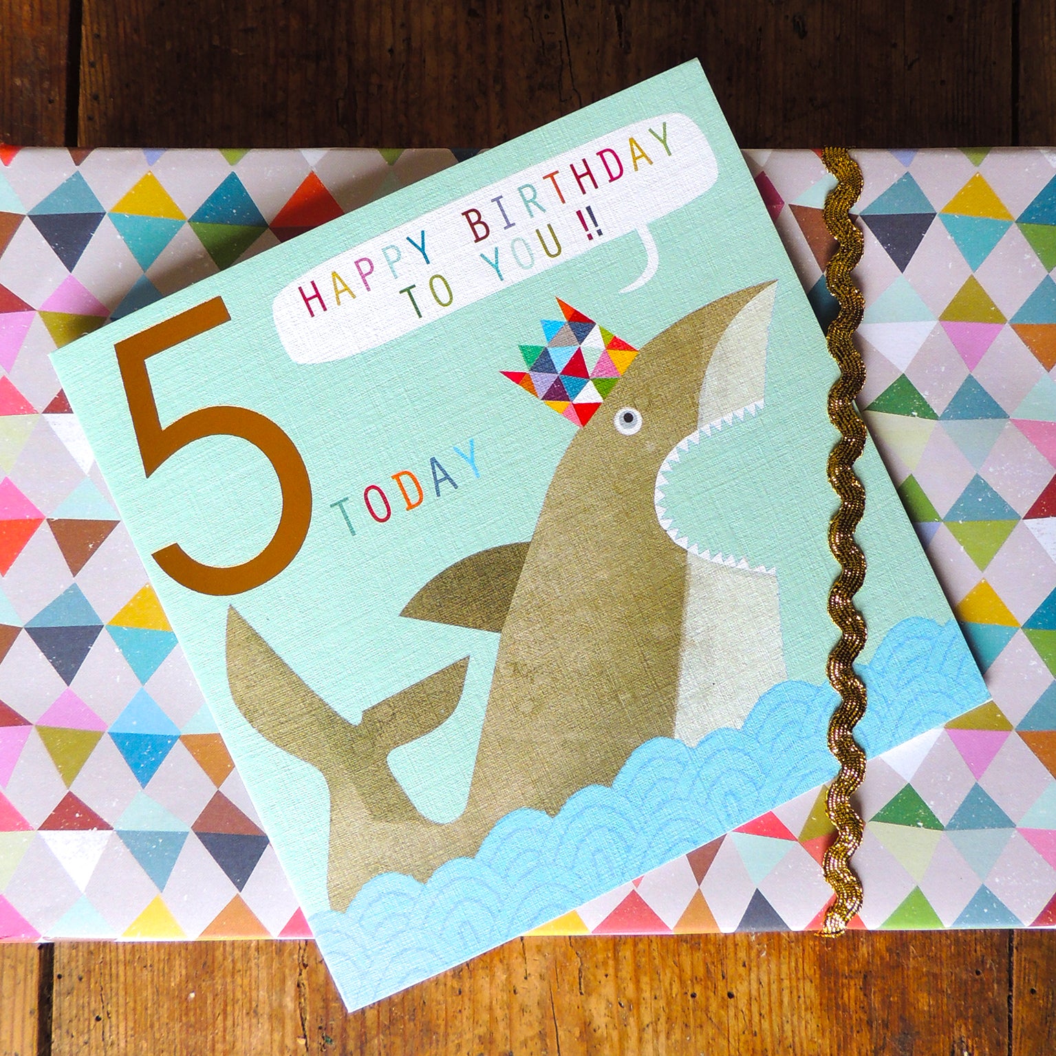 CP05 copper foiled shark 5th birthday card