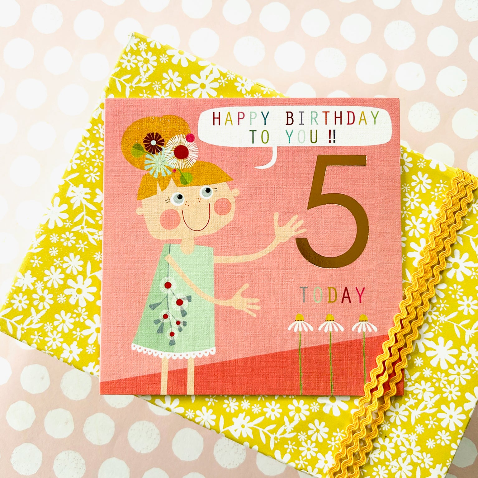 CP11 copper foiled flower girl 5th birthday card