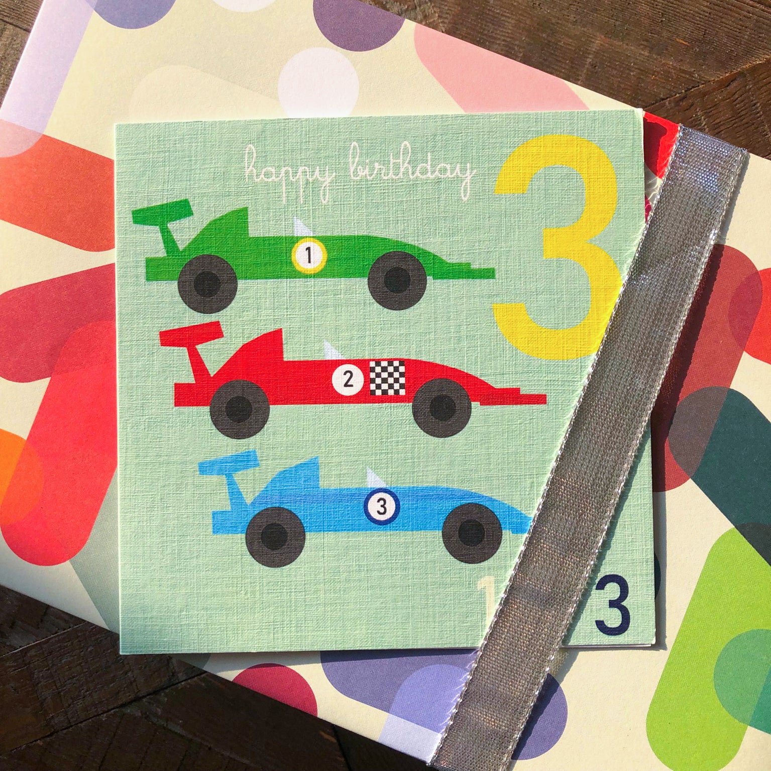 JA03 three racing cars 3rd birthday card