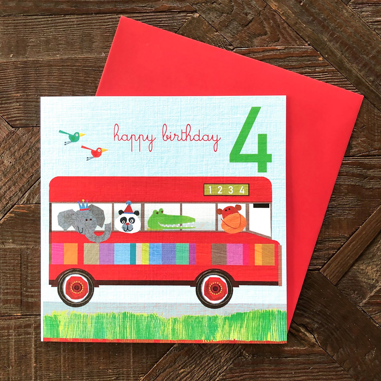 JA04 four on a bus 4th birthday card