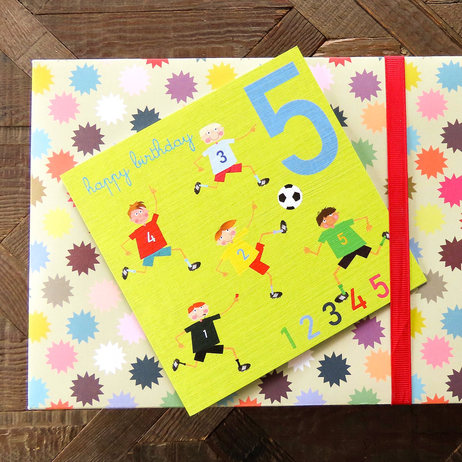 JA05 five footballers 5th birthday card