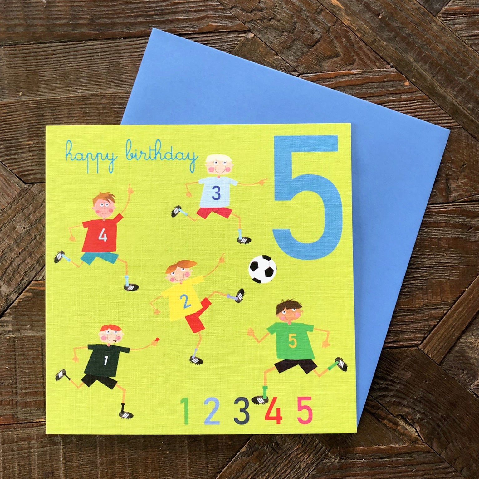 JA05 five footballers 5th birthday card