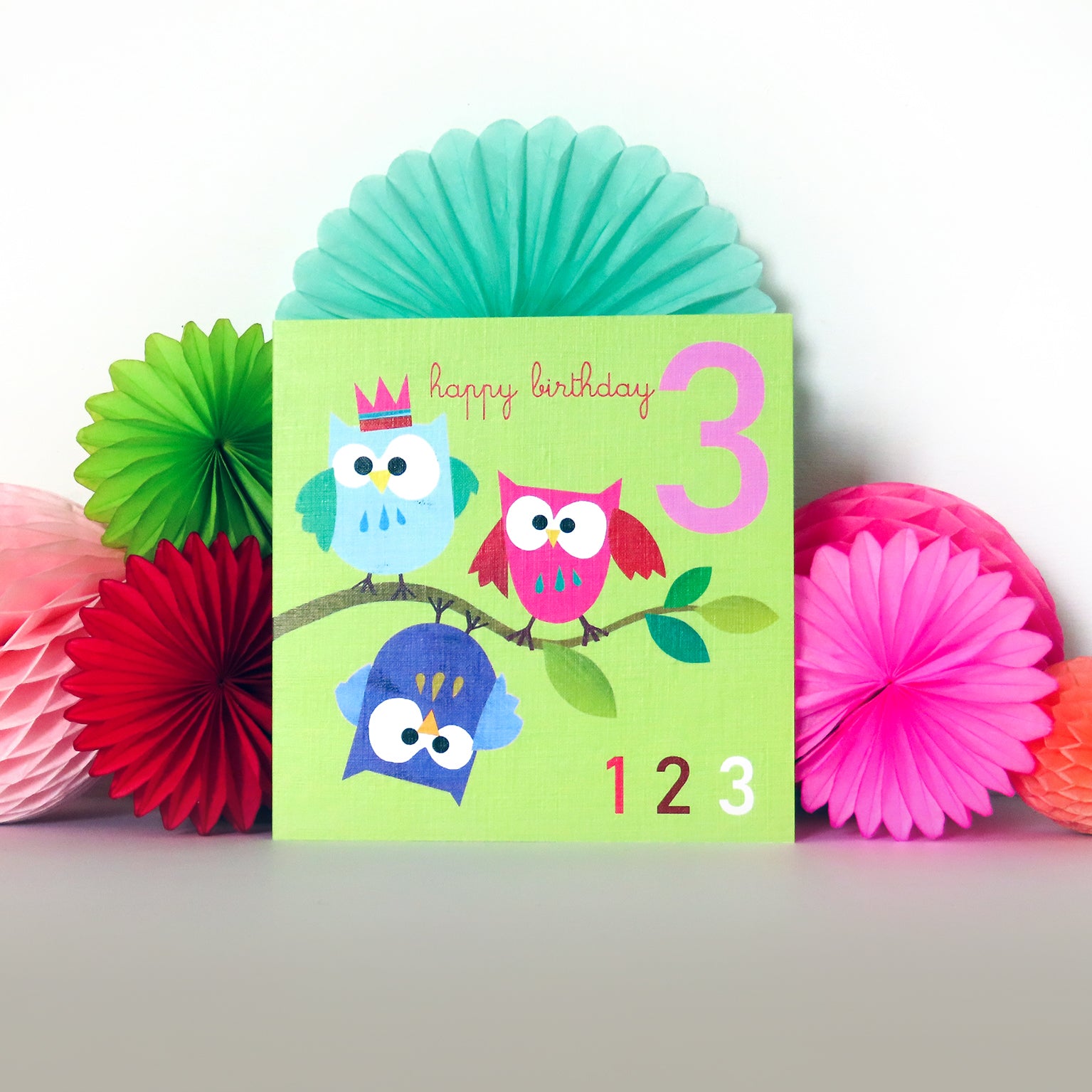 JA08 three owls 3rd birthday card