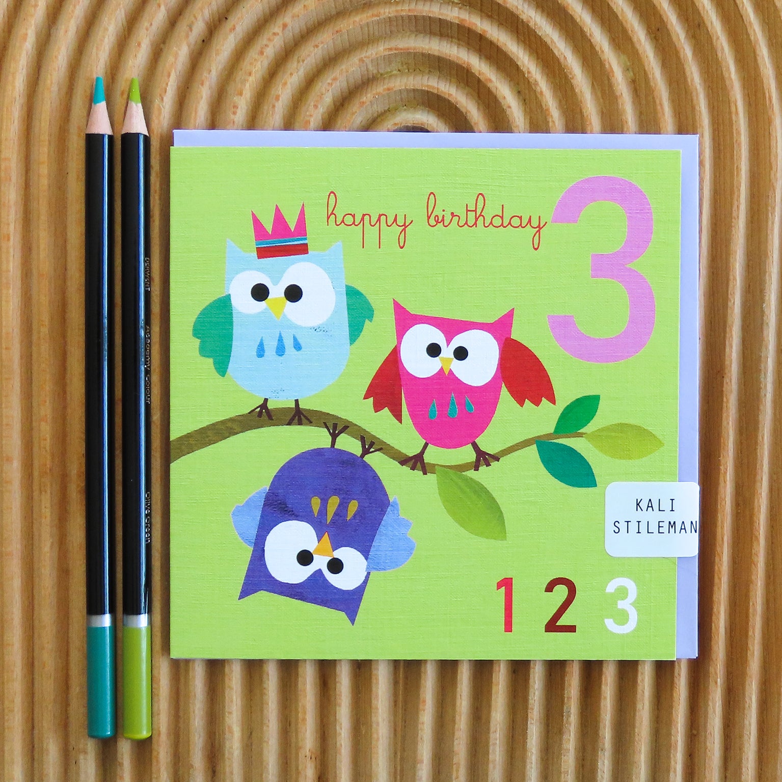 JA08 three owls 3rd birthday card