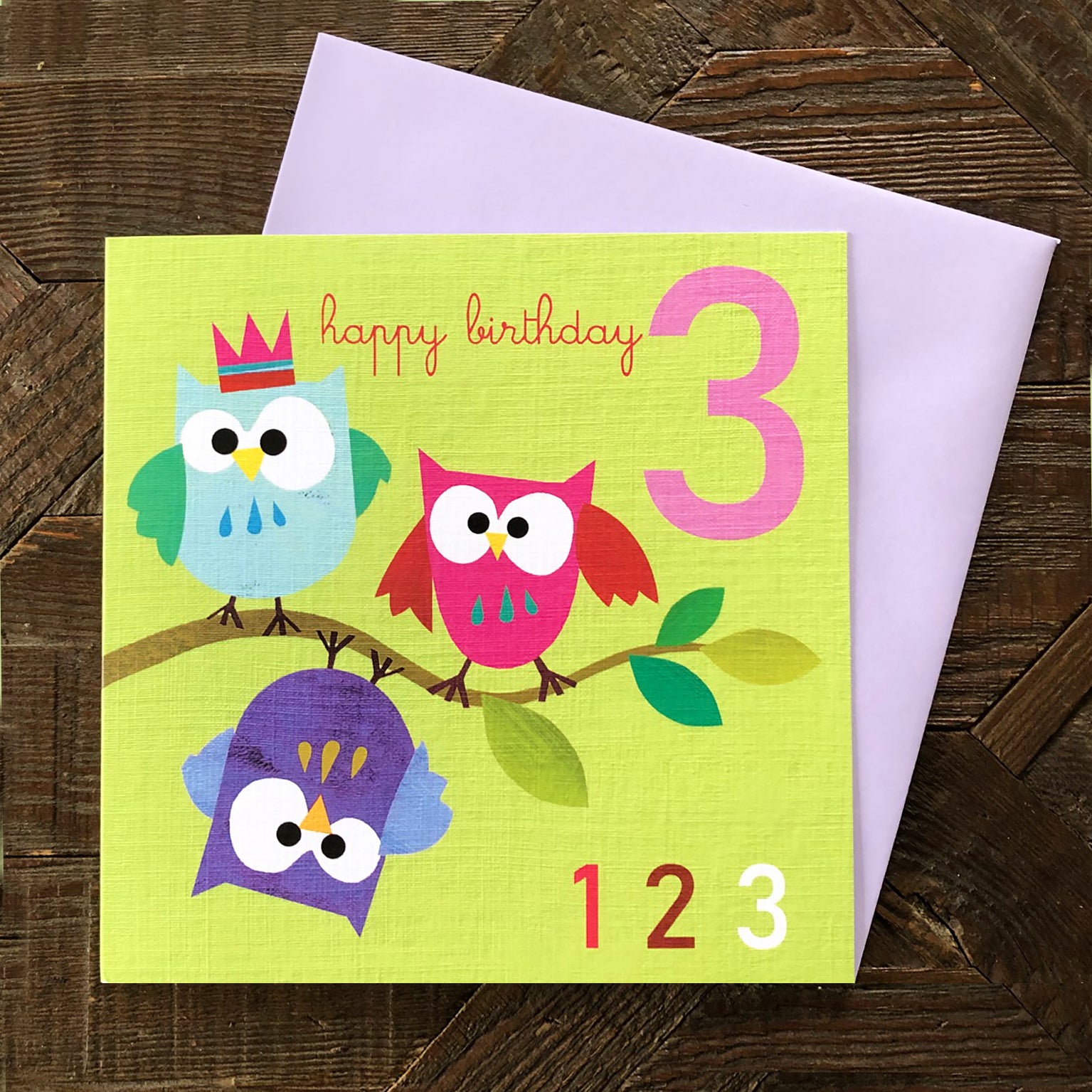 JA08 three owls 3rd birthday card