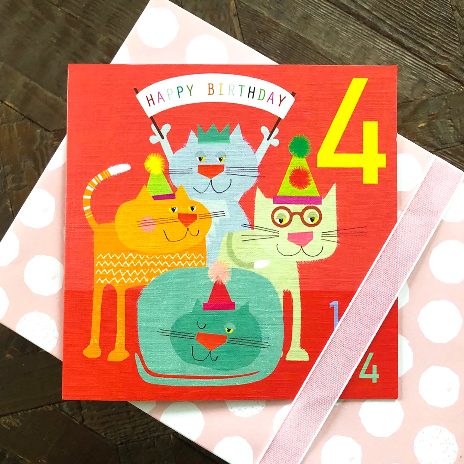 JA09 four cats 4th birthday card