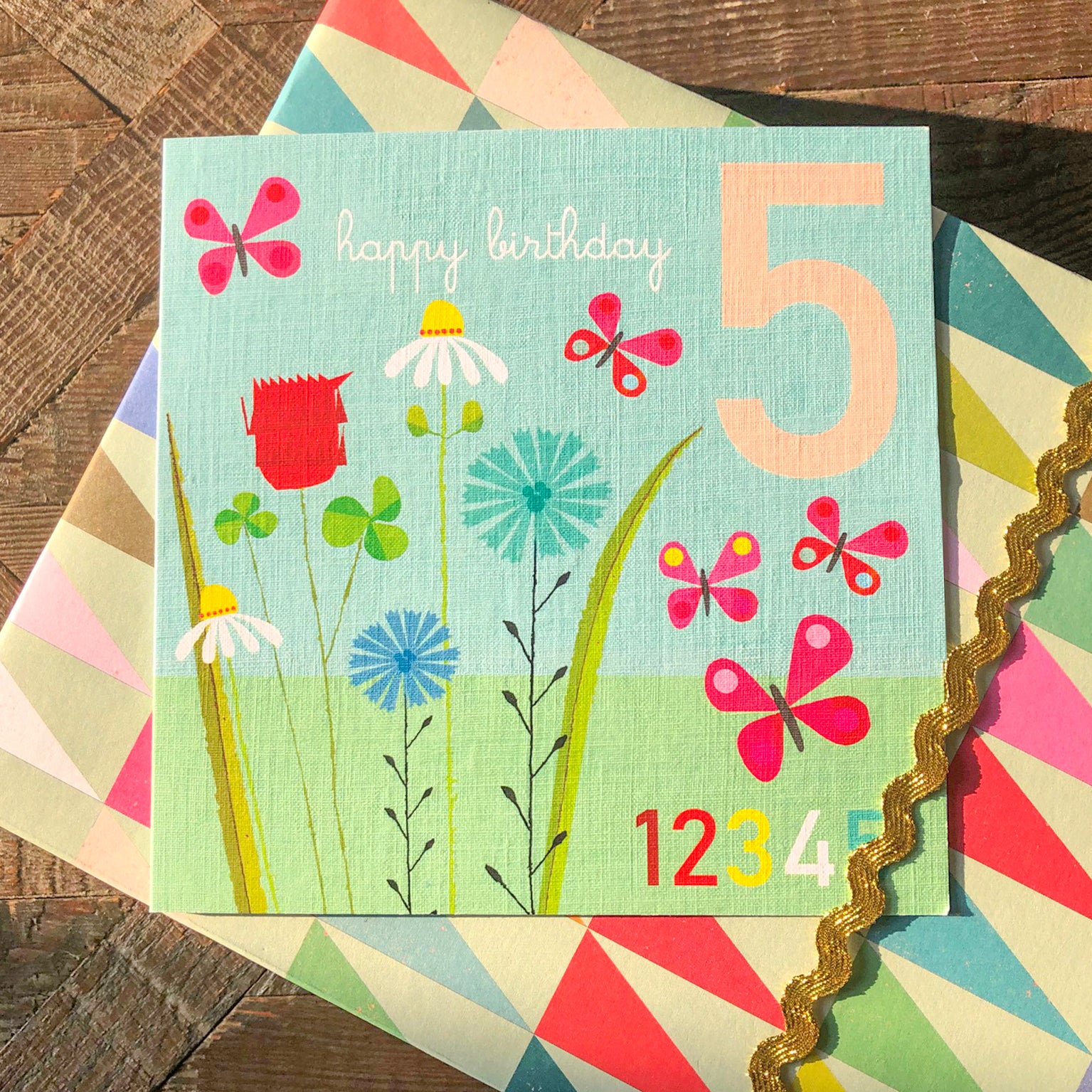 JA10 five butterflies 5th birthday card