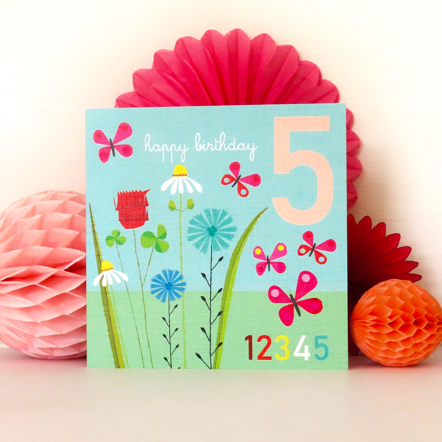 JA10 five butterflies 5th birthday card