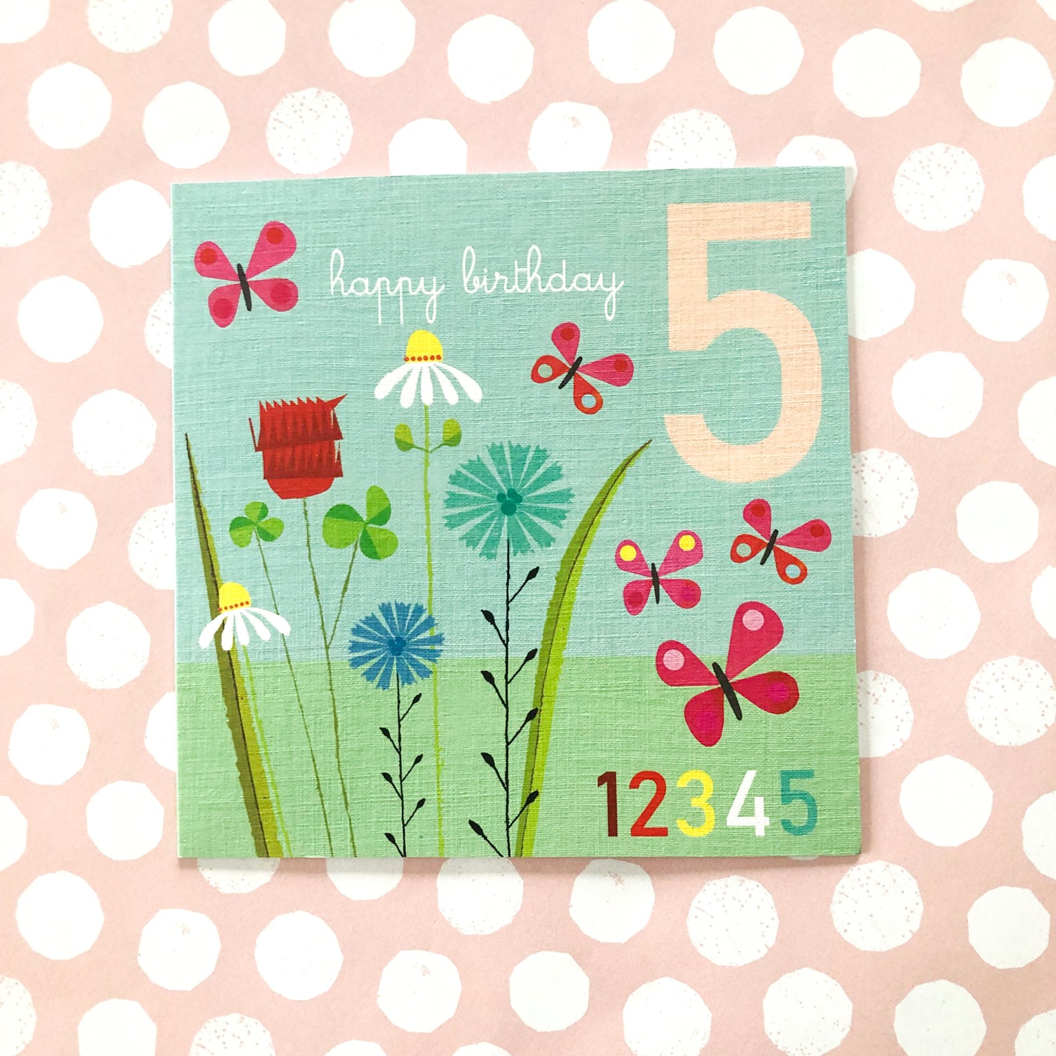 JA10 five butterflies 5th birthday card