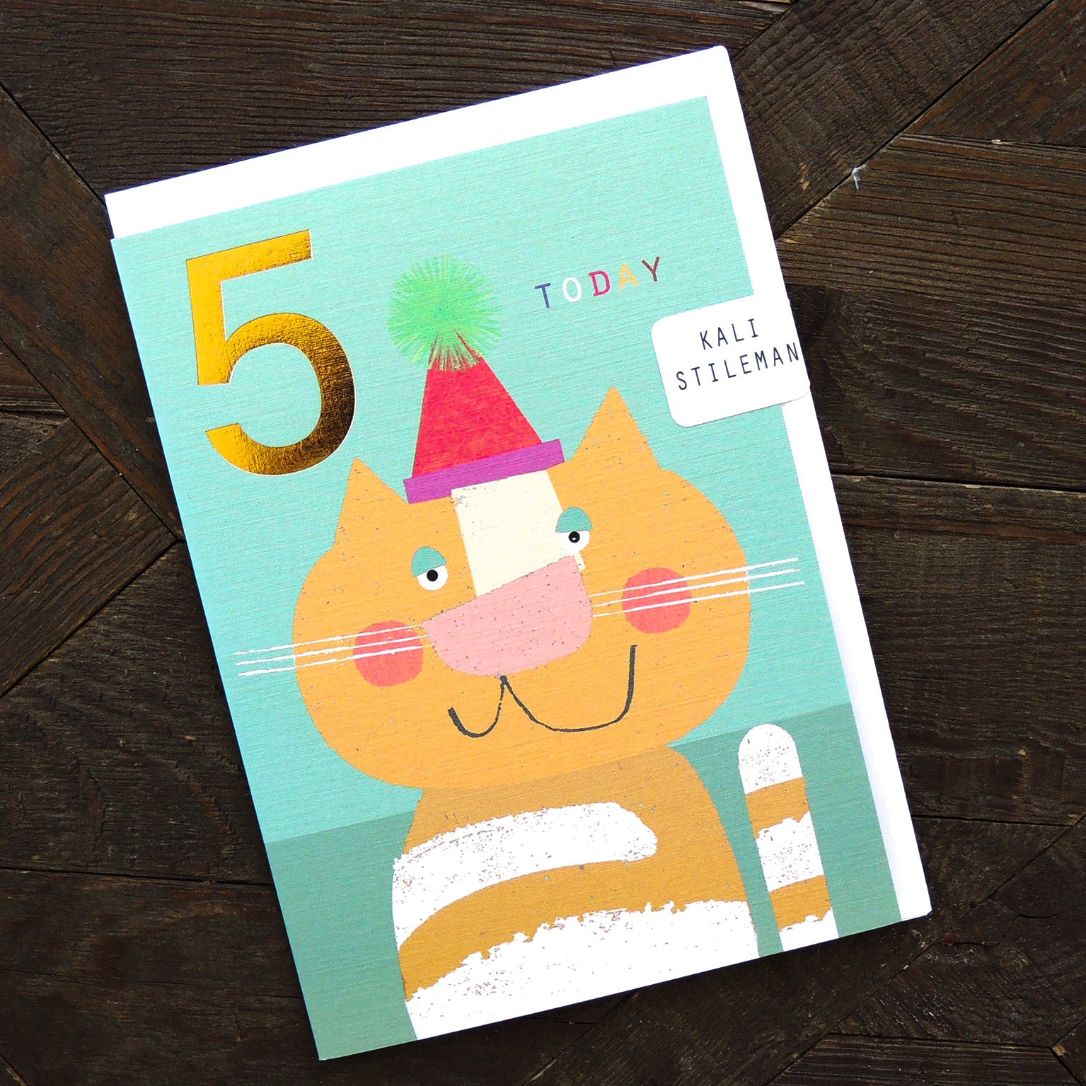 JES10 gold foiled cat 5th birthday card