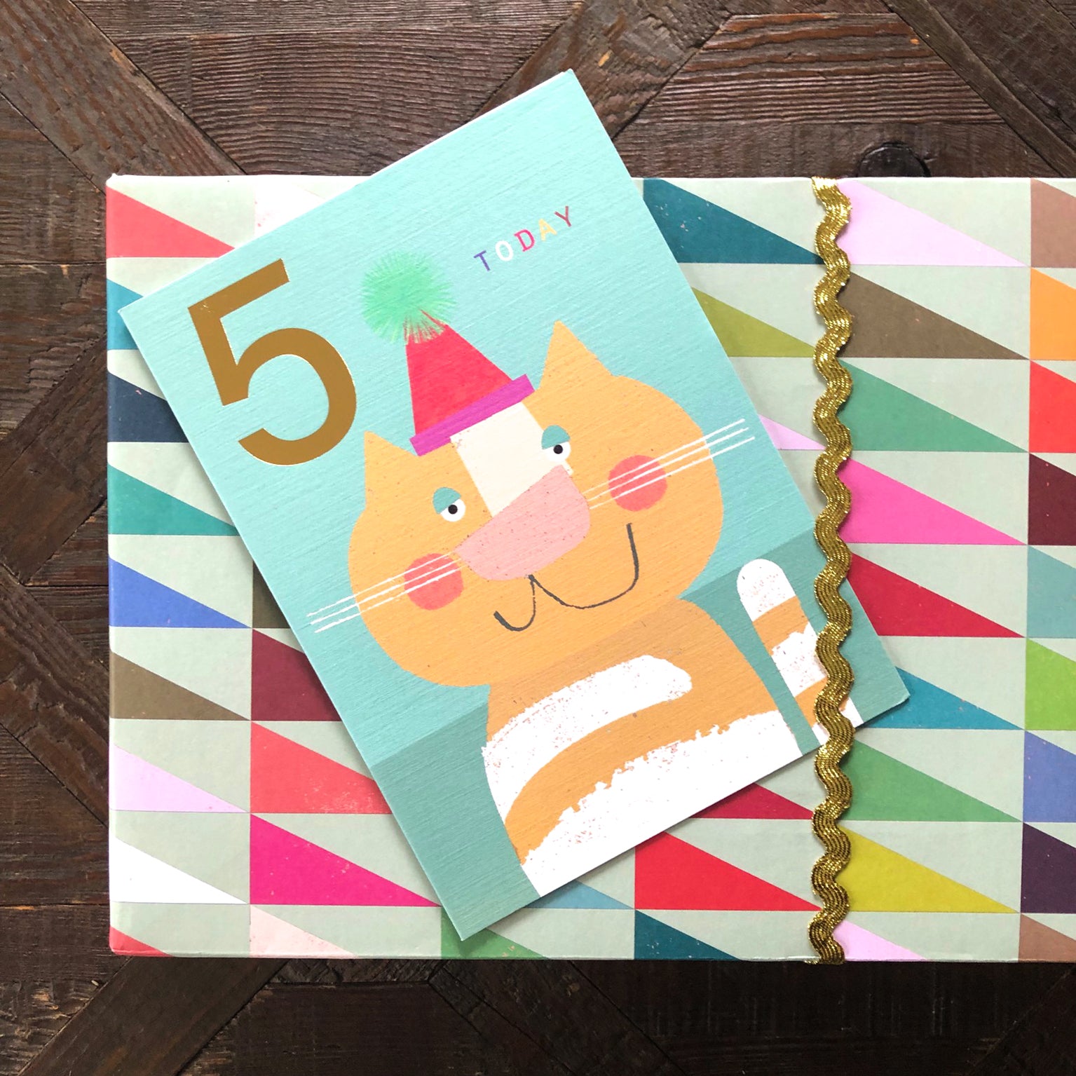 JES10 gold foiled cat 5th birthday card