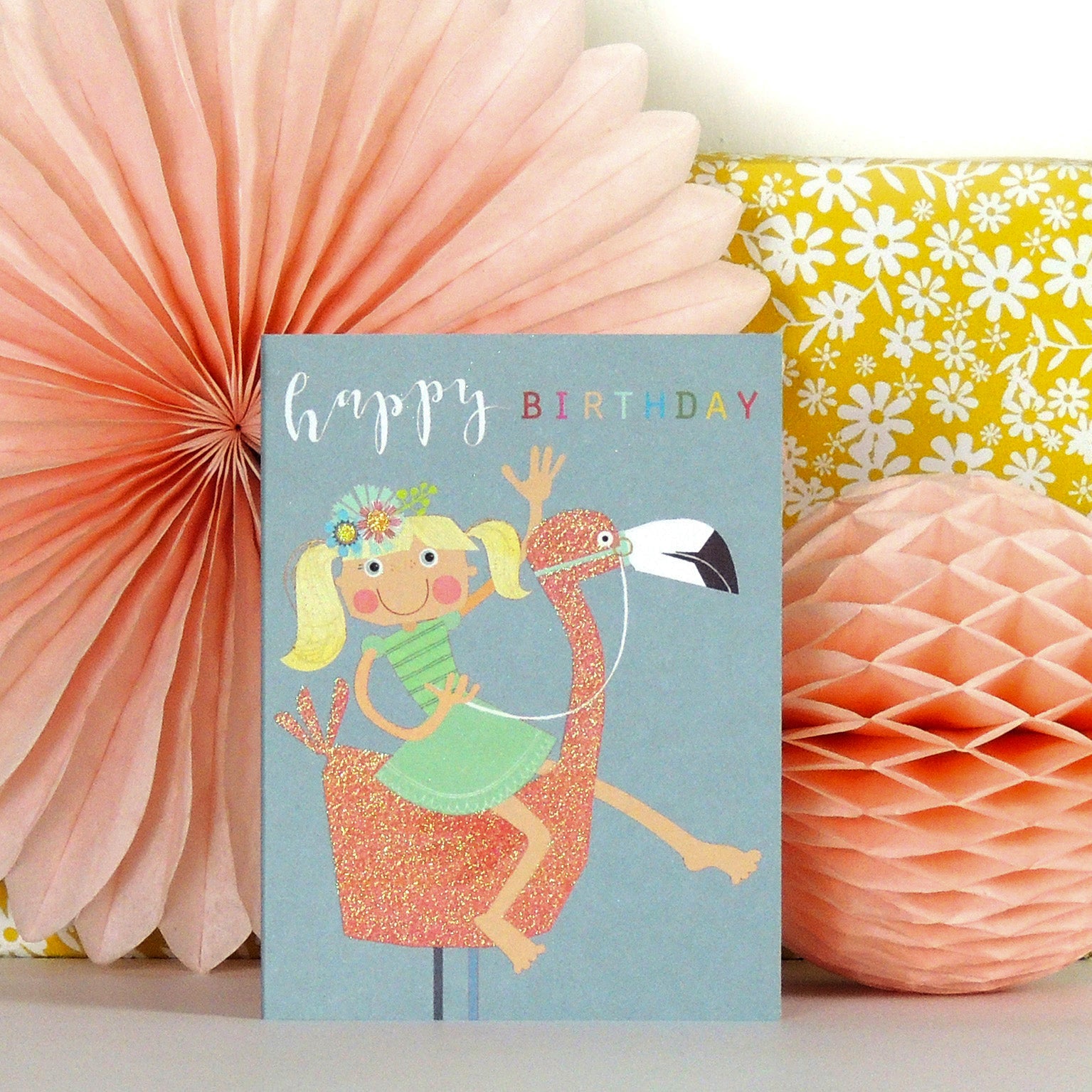 mini glittery flamingo birthday card