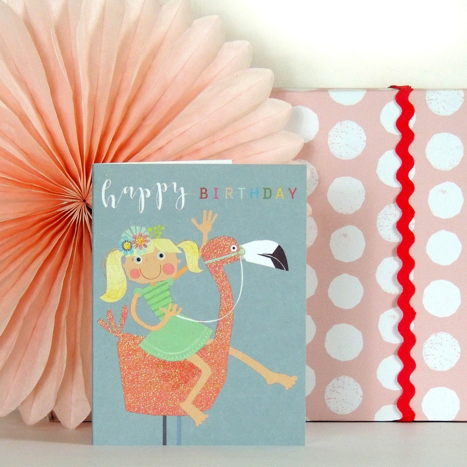 mini glittery flamingo birthday card