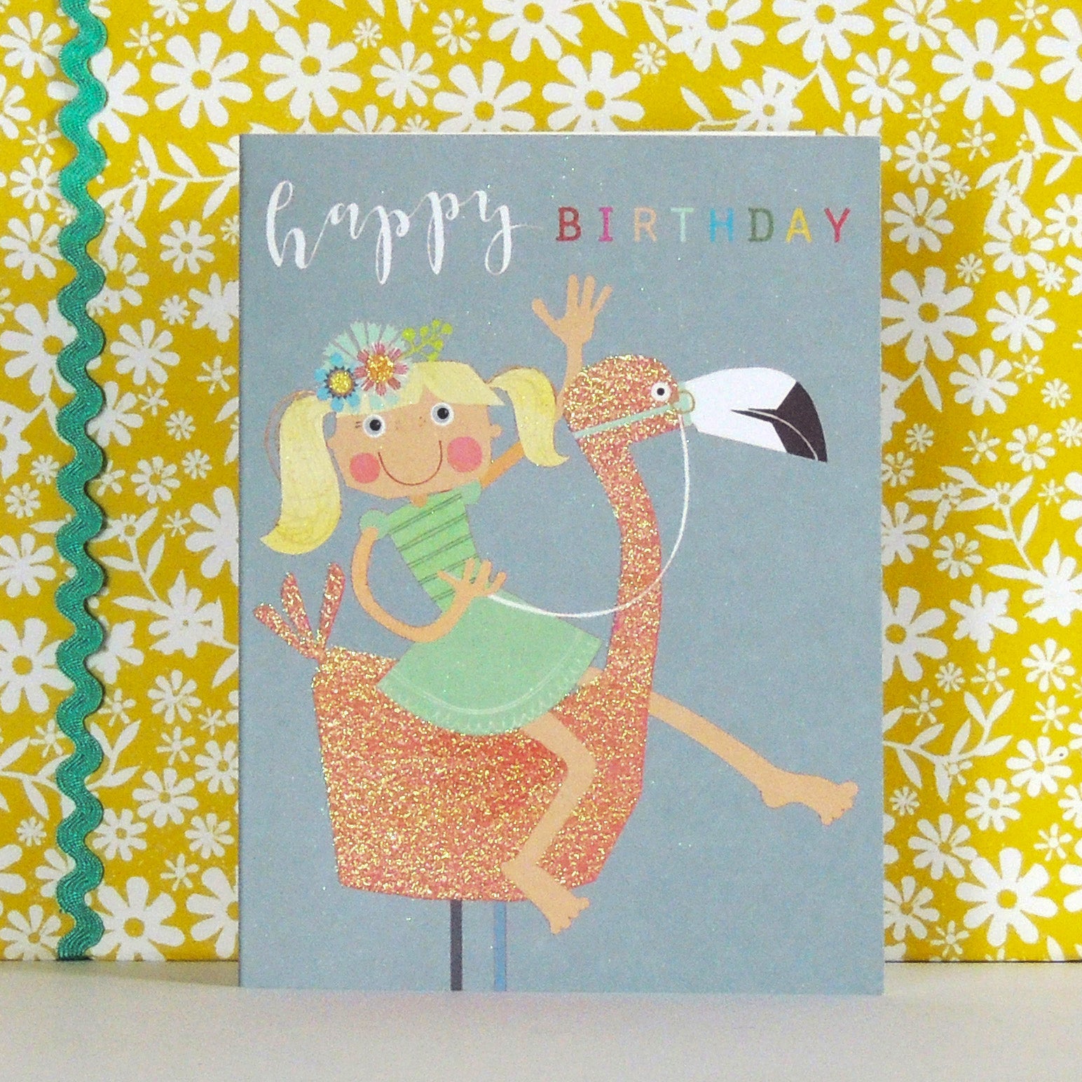 mini glittery flamingo birthday card