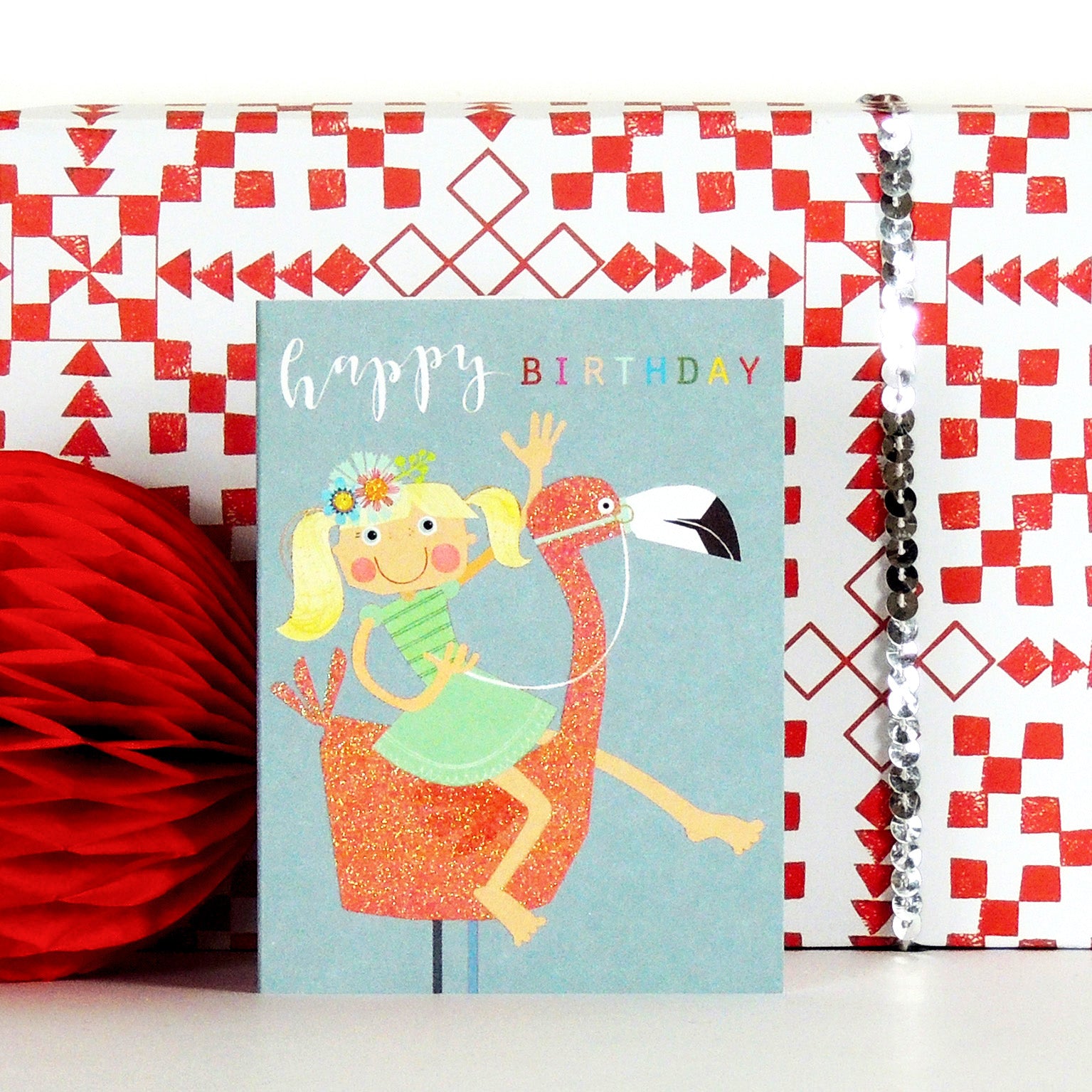 mini glittery flamingo birthday card