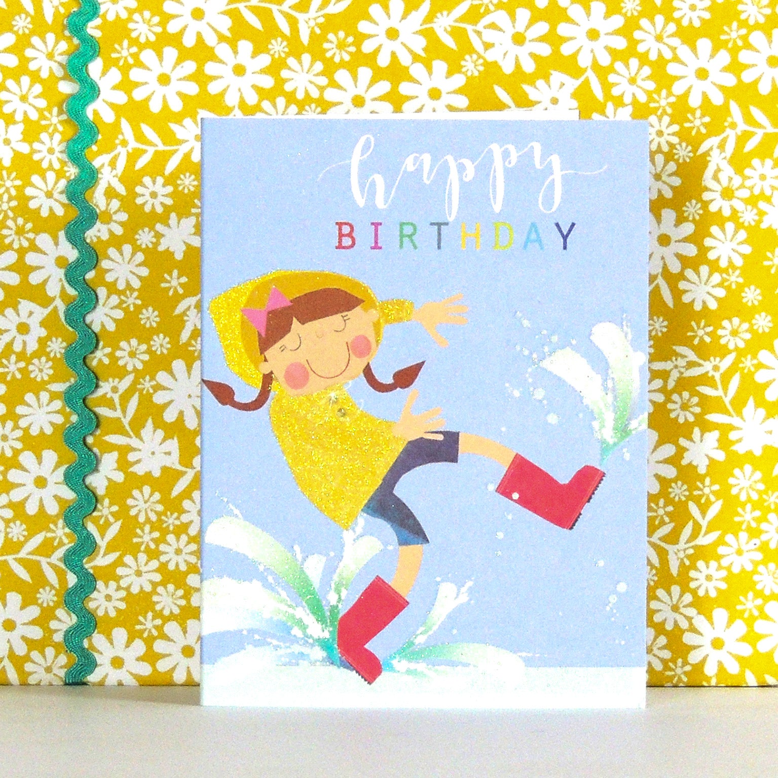 mini glittery puddle jumping birthday card