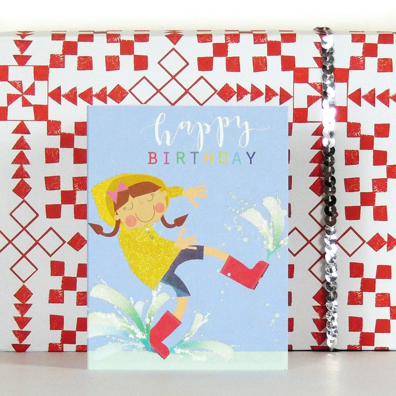 mini glittery puddle jumping birthday card