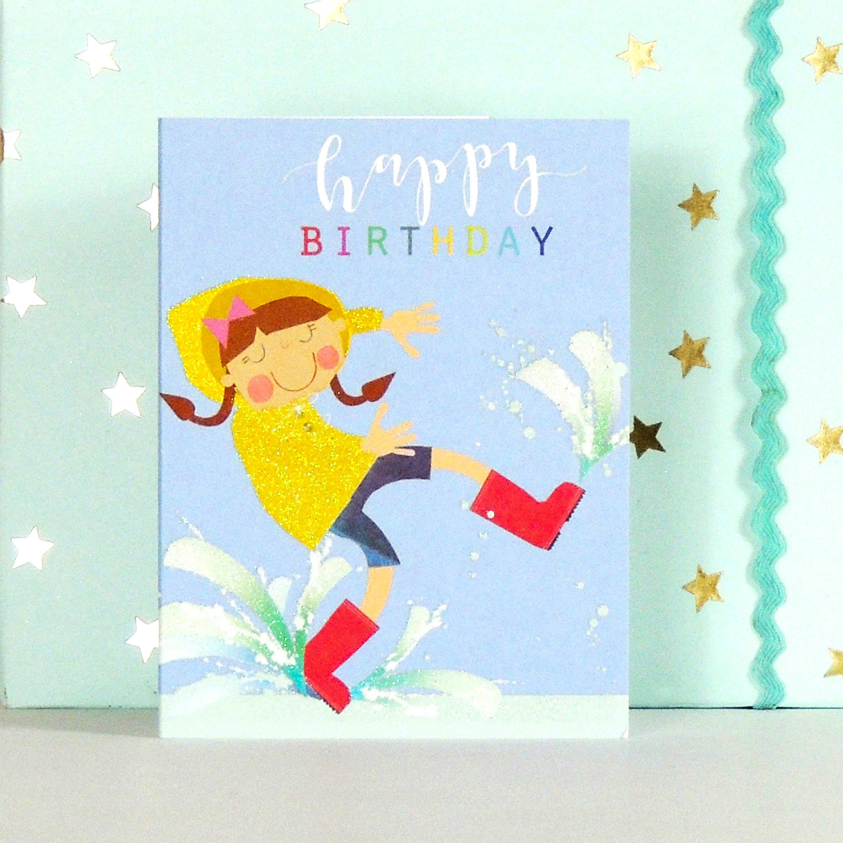 mini glittery puddle jumping birthday card