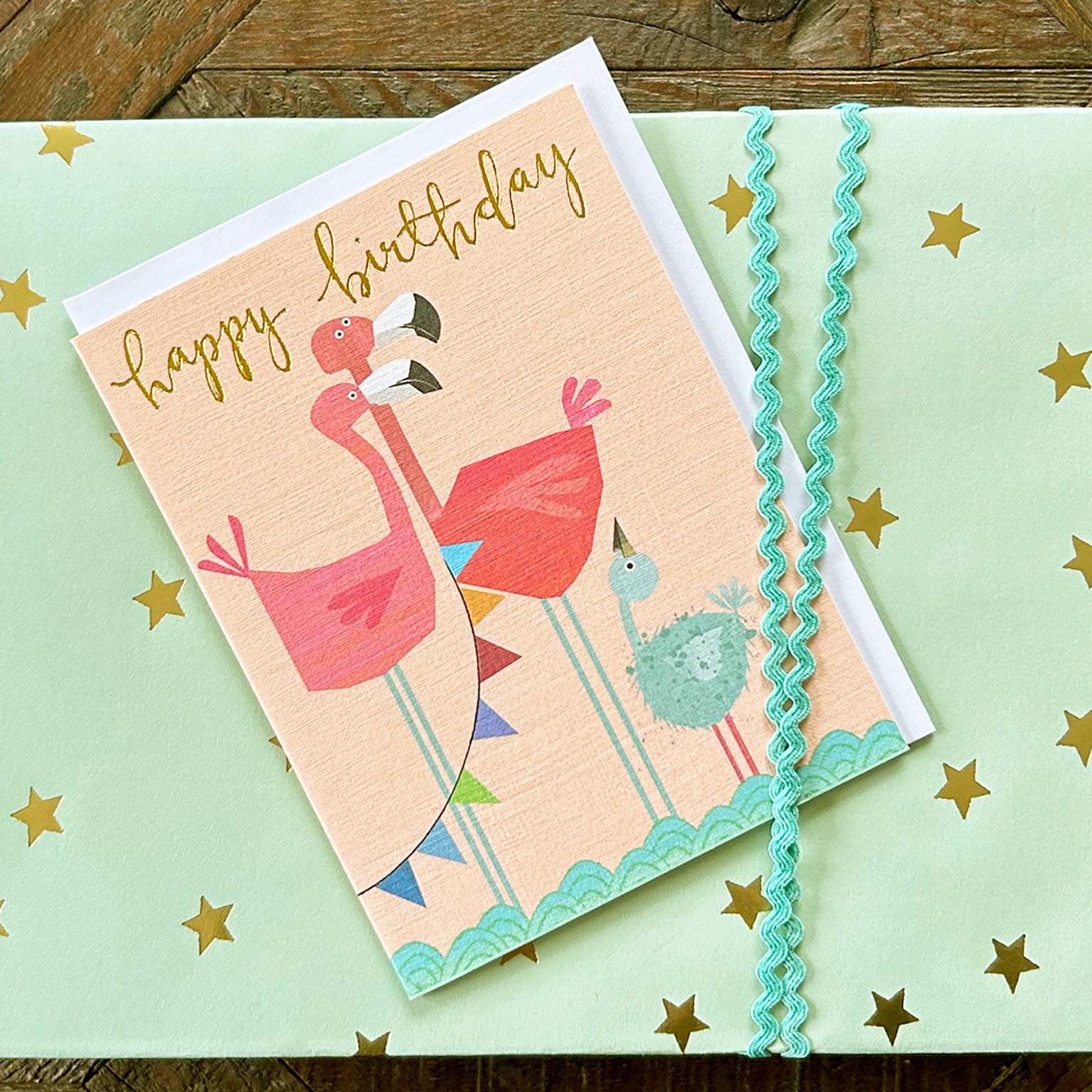 mini gold foiled flamingo birthday card