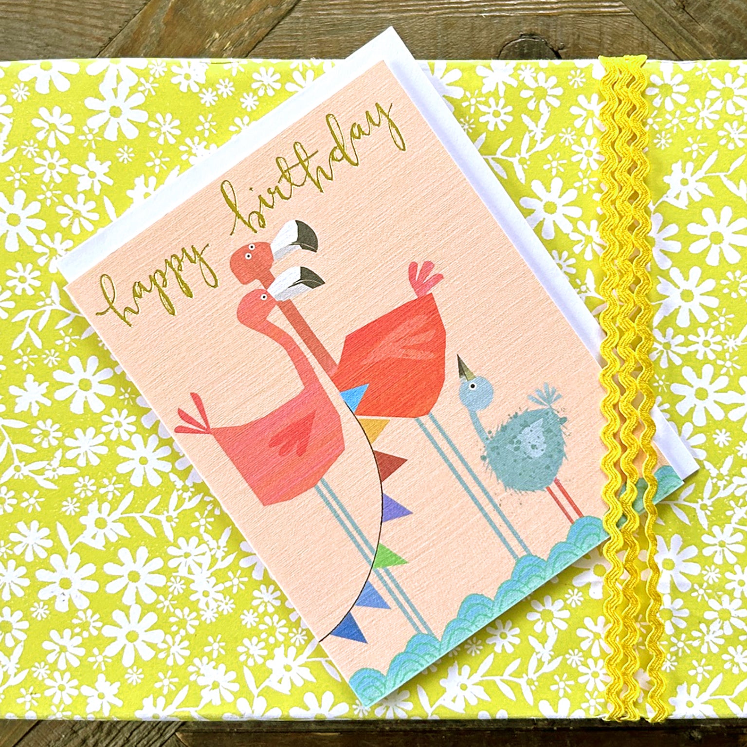 mini gold foiled flamingo birthday card