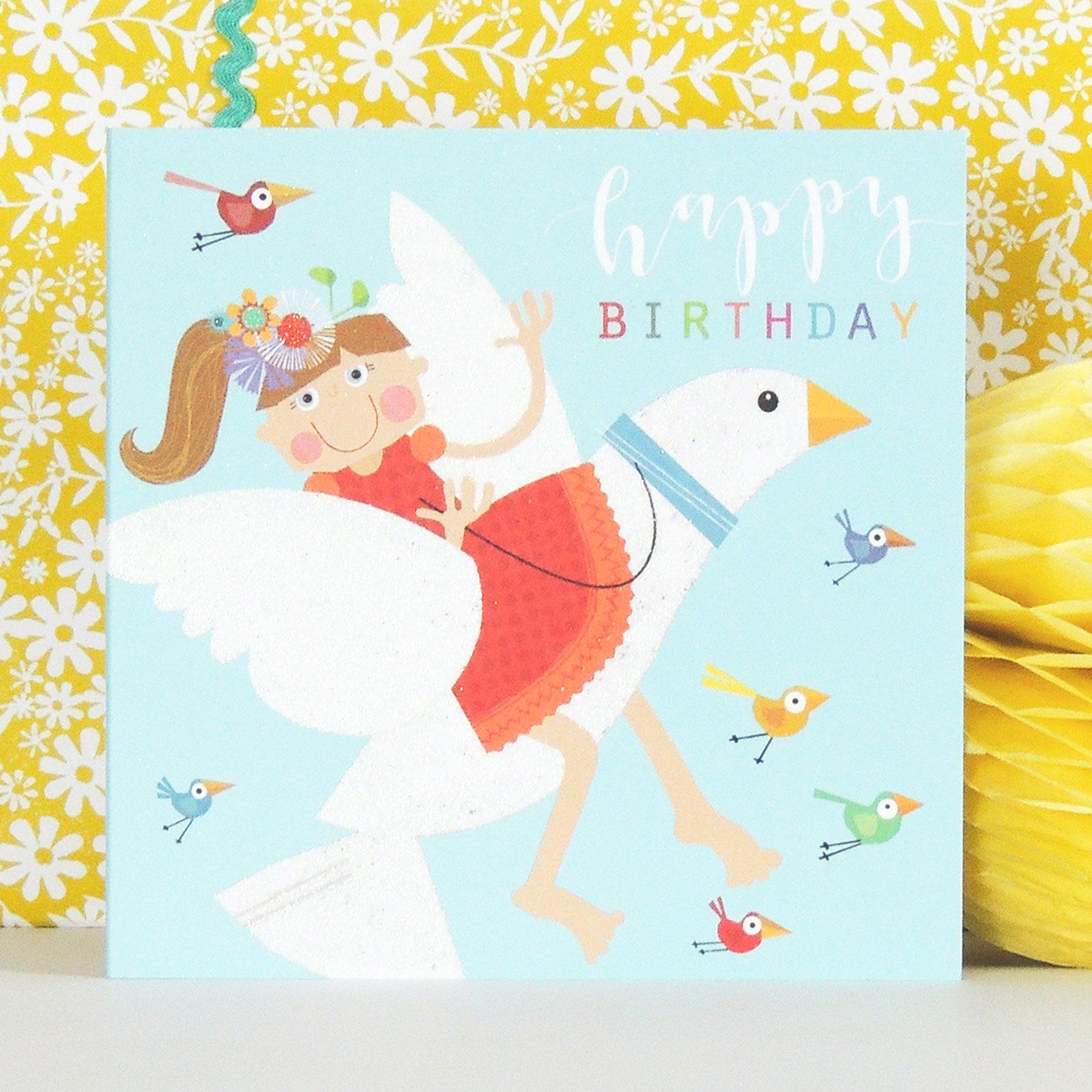 LS05 glittery dove riding birthday card