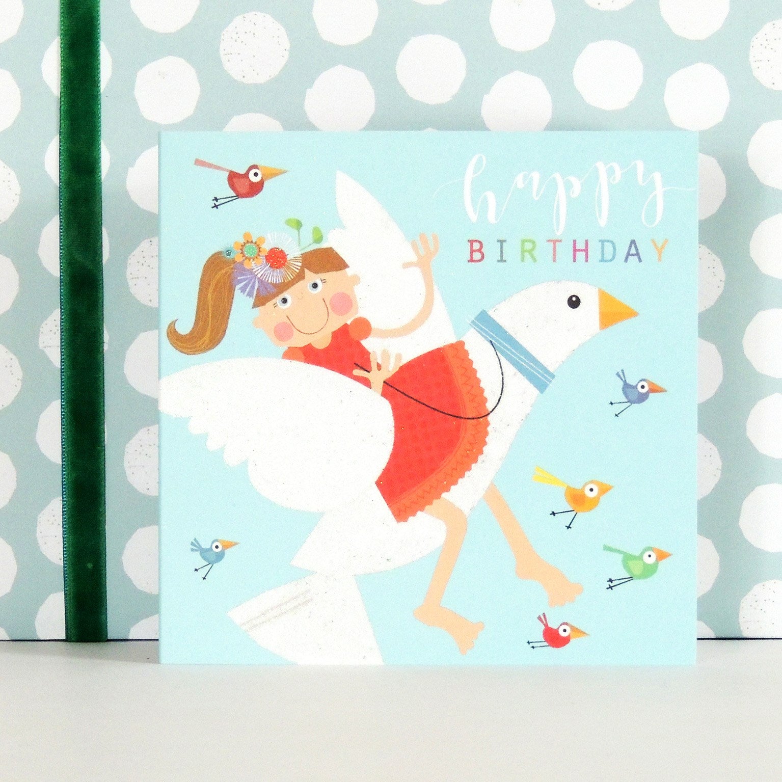 LS05 glittery dove riding birthday card