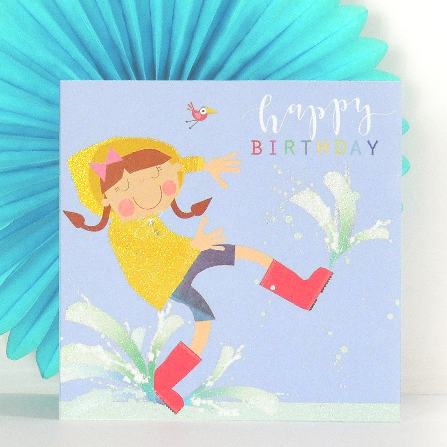 LS06 glittery puddle jumping birthday card