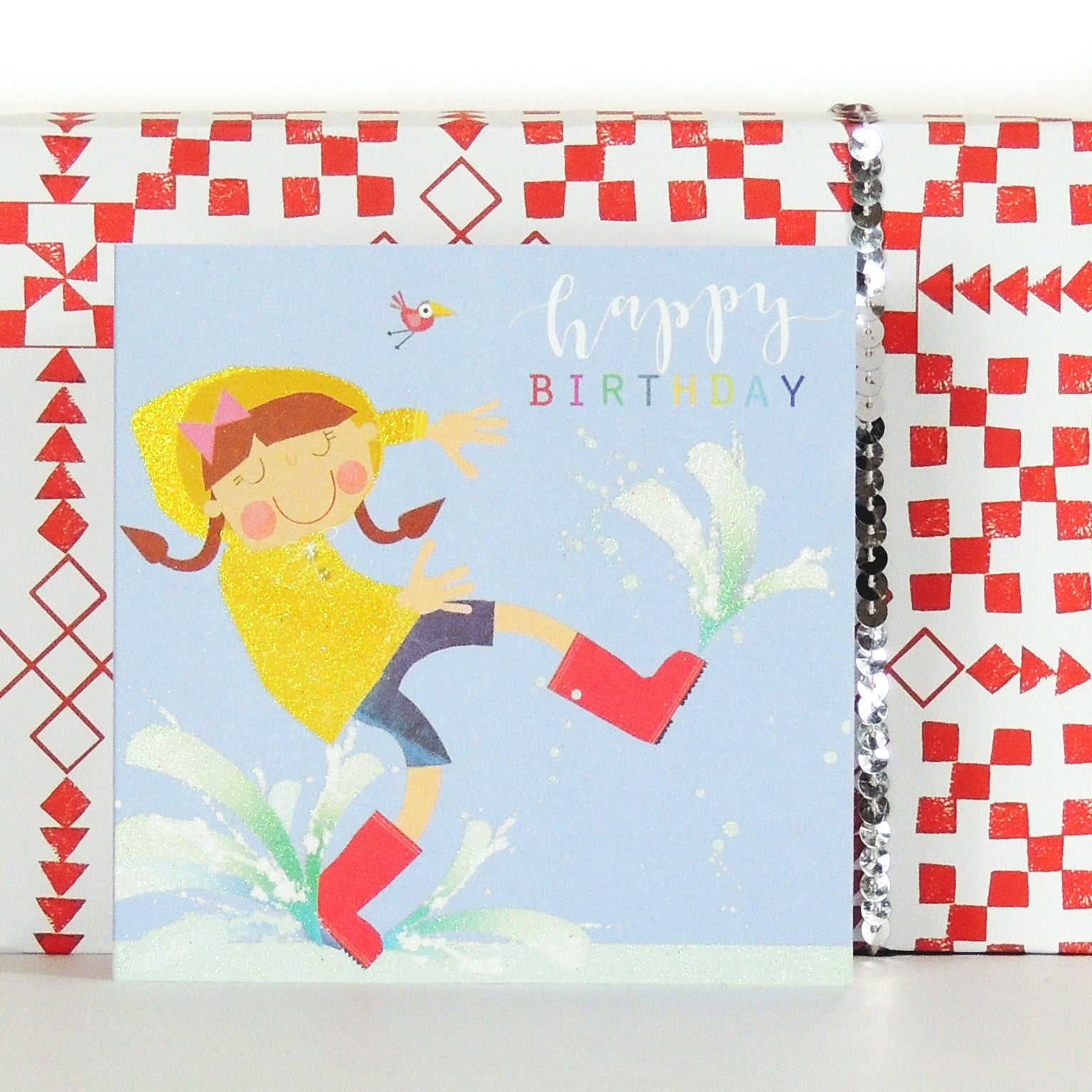 LS06 glittery puddle jumping birthday card