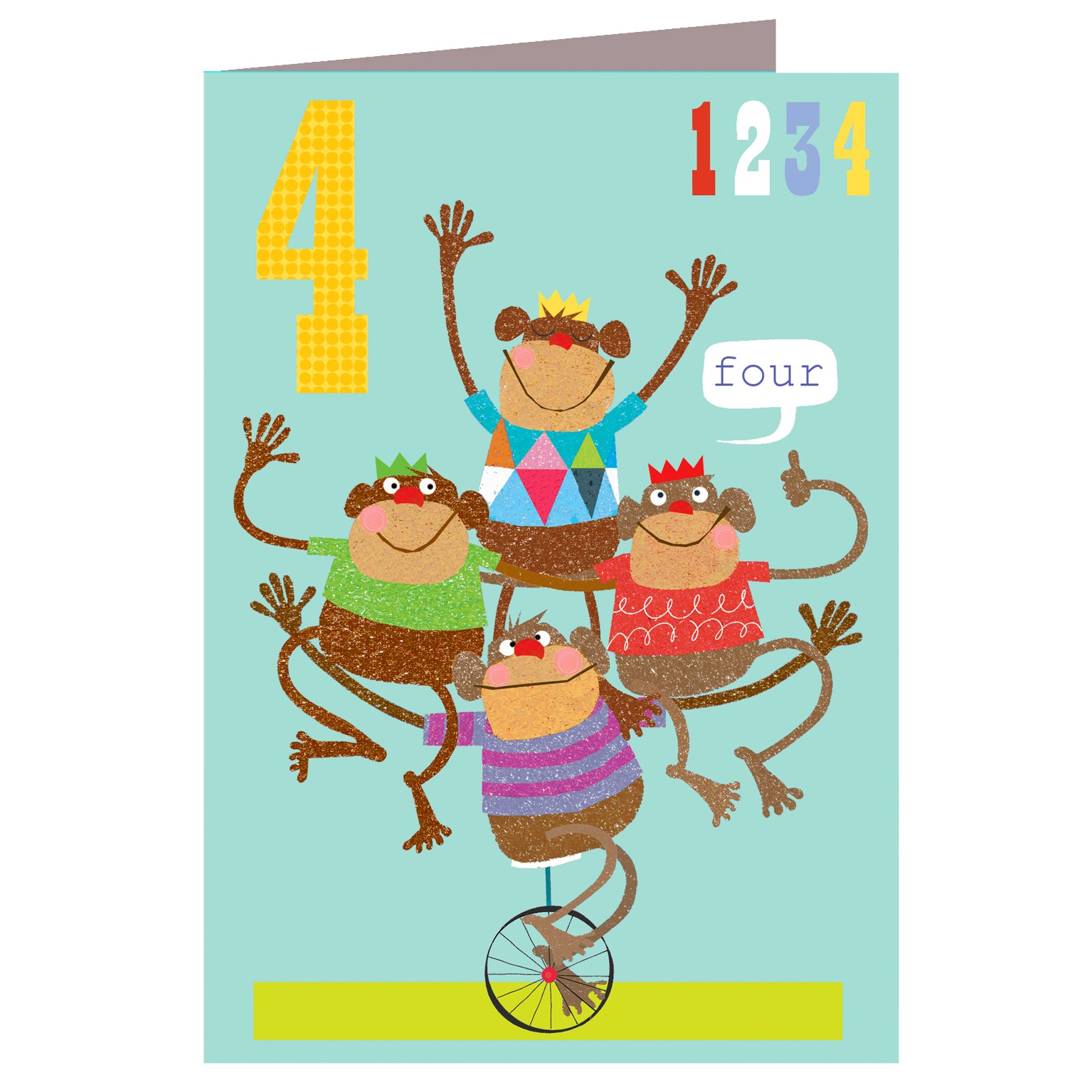 MM04 four monkeys 4th birthday card