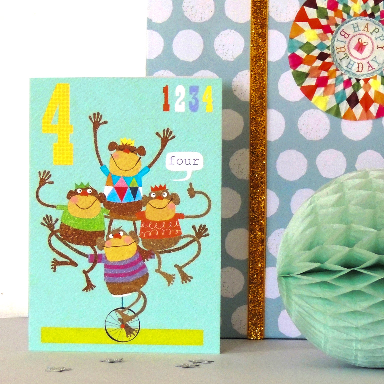 MM04 four monkeys 4th birthday card