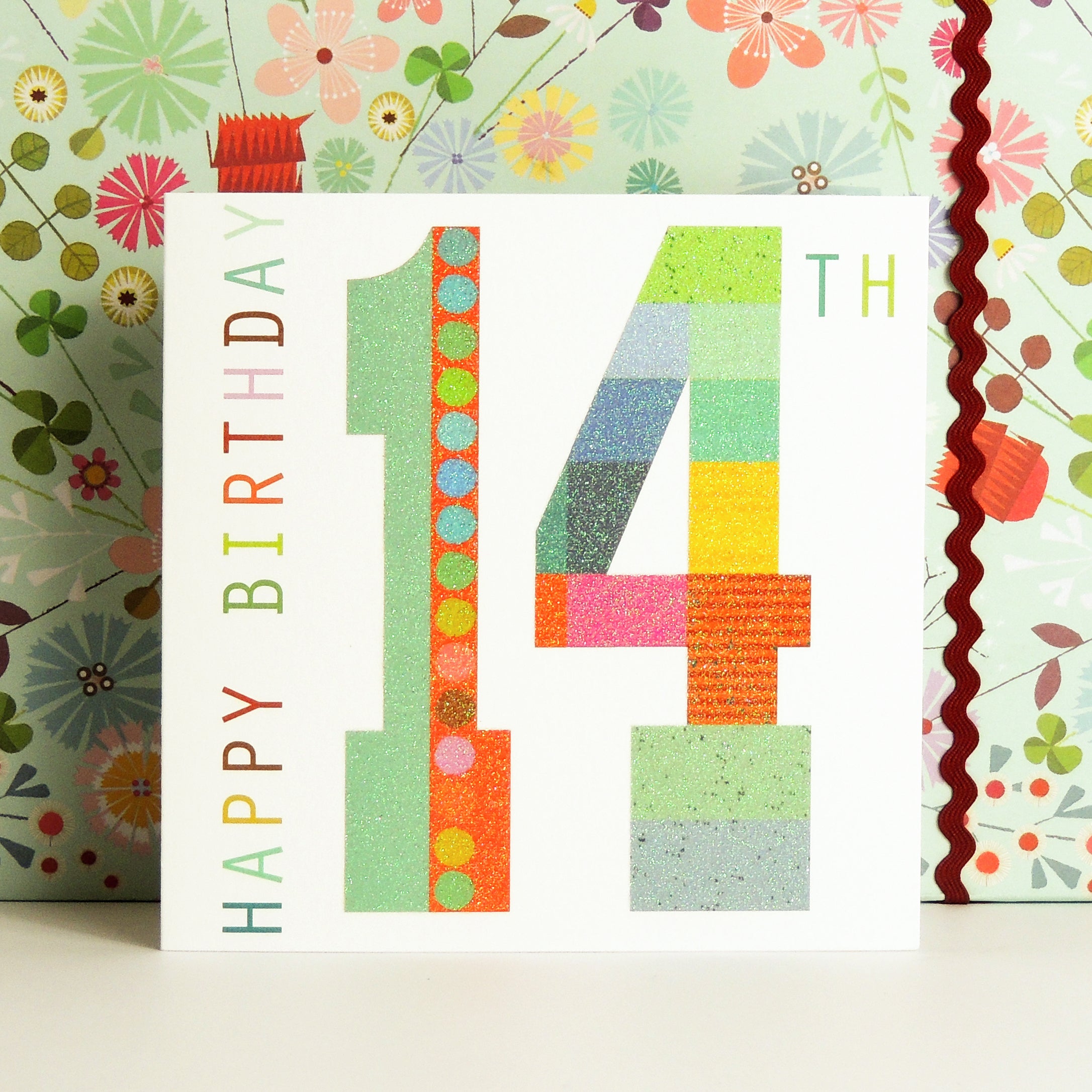 NO14 glittery number fourteen card