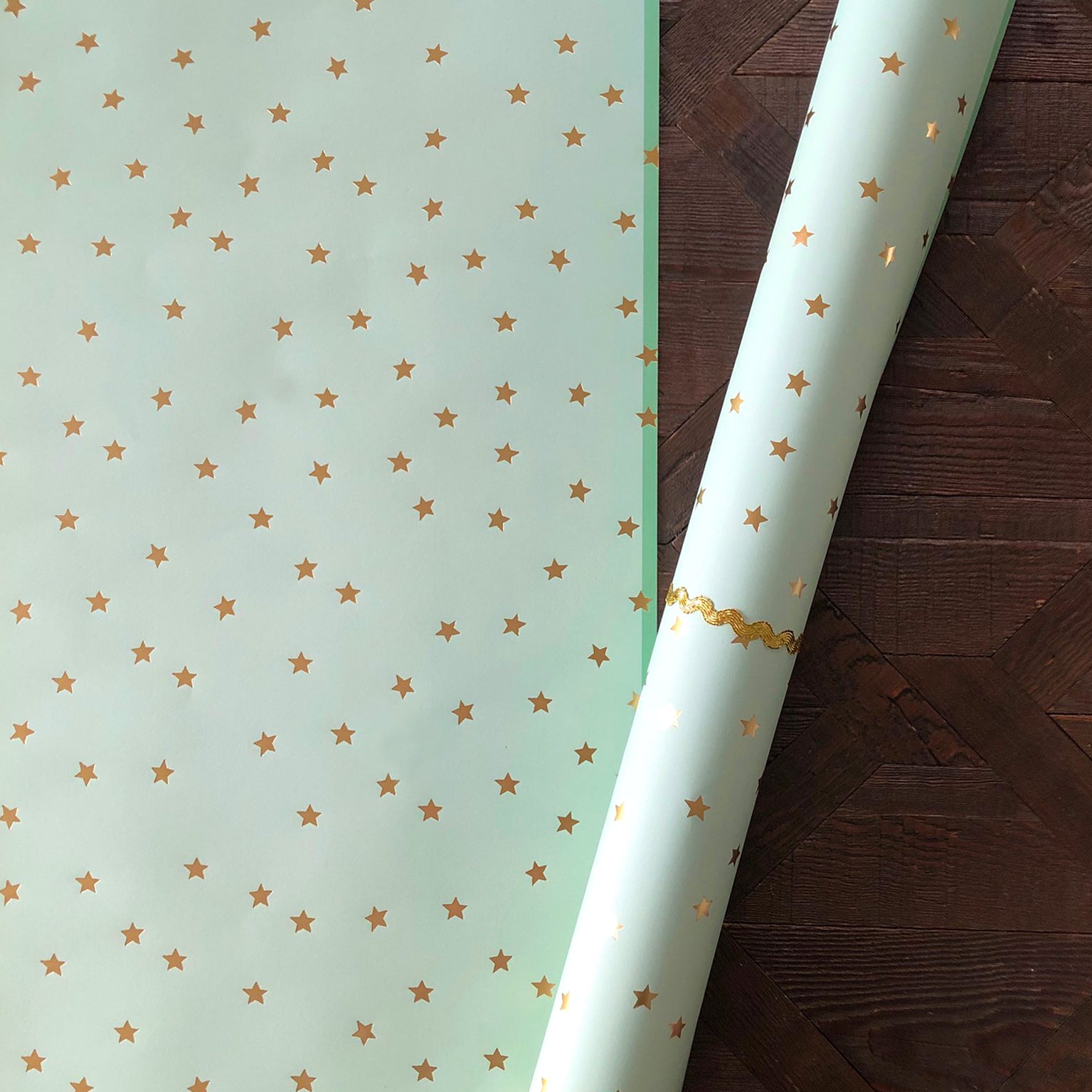 WP127 gold foiled eau de nil stars wrapping paper