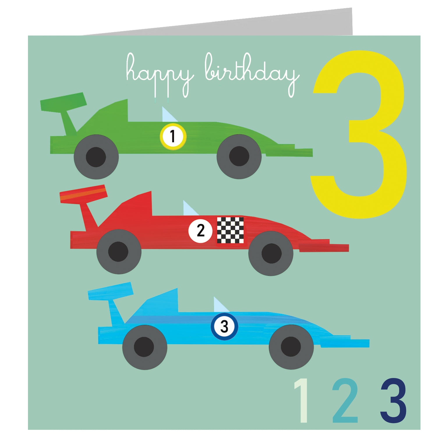 JA03 three racing cars 3rd birthday card