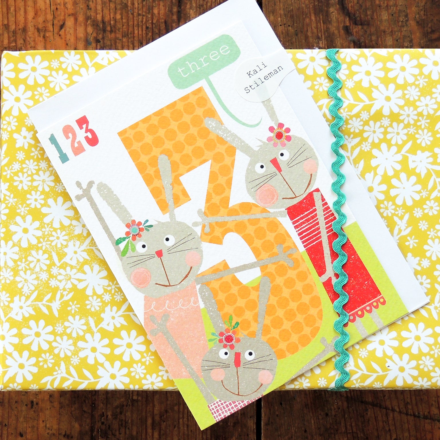 MM11 three rabbits 3rd birthday card