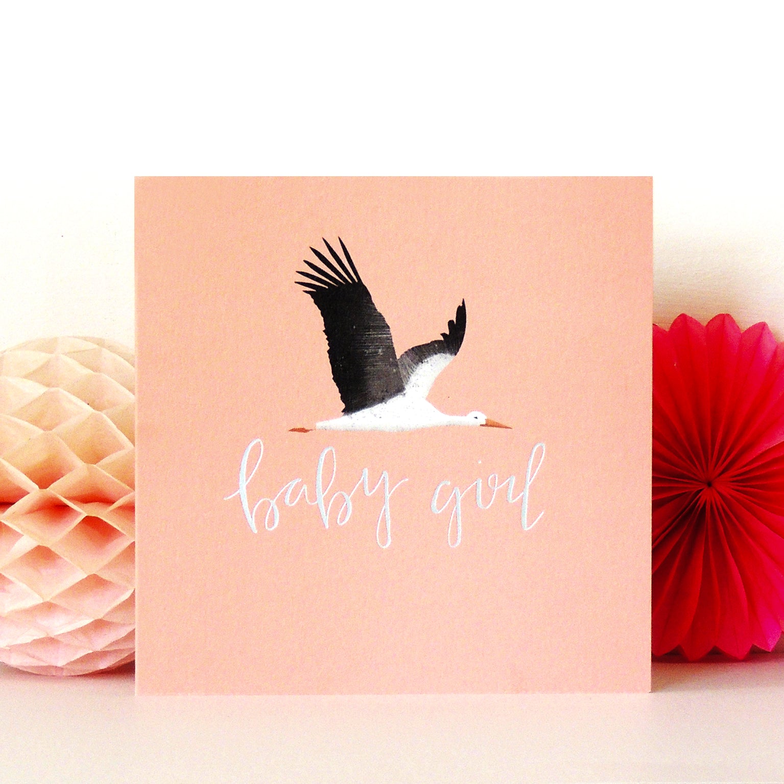 PG03 silver foiled pink stork new baby card